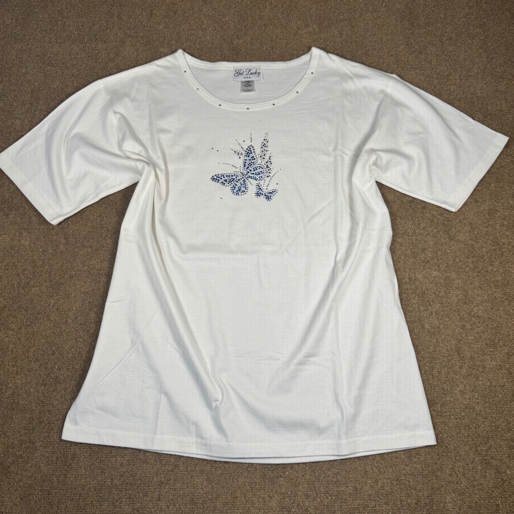 Vintage Get Lucky USA Rhinestone Butterfly Graphic Tee White Size Large Y2K